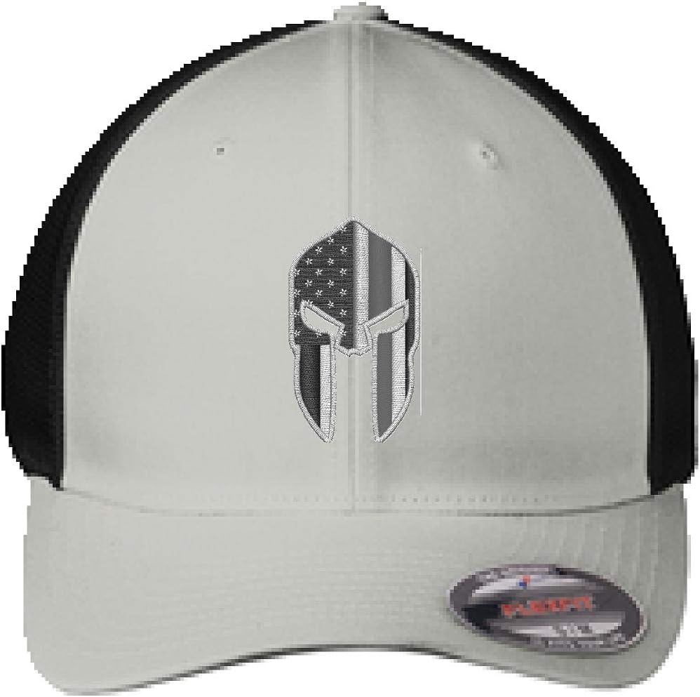 Embroidered Thin Silver Line Spartan Subdued American Flag Corrections Officer Flexfit Flex Fit Baseball Trucker Hat (L/XL, Silver - Black)
