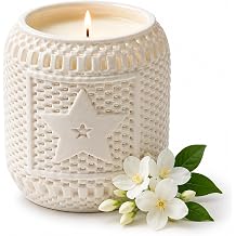 Scented Candle in Bamboo Woven Ceramic Jar, Jasmine Scented Natural Soy Candles for Home Scented, 35-40 Hour Burn Time, Home Decor Gift for Women, Friends, Family, Colleagues, Couples