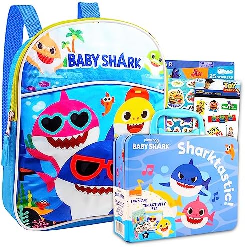 Pinkfong Baby Shark Baby Shark Mini Backpack and Lunch Bag for Kids ~ 4 Pc Bundle With 11 inch Baby Shark School Bag, and Toy Story and Finding Dory Stickers (Baby Shark School Supplies Set)