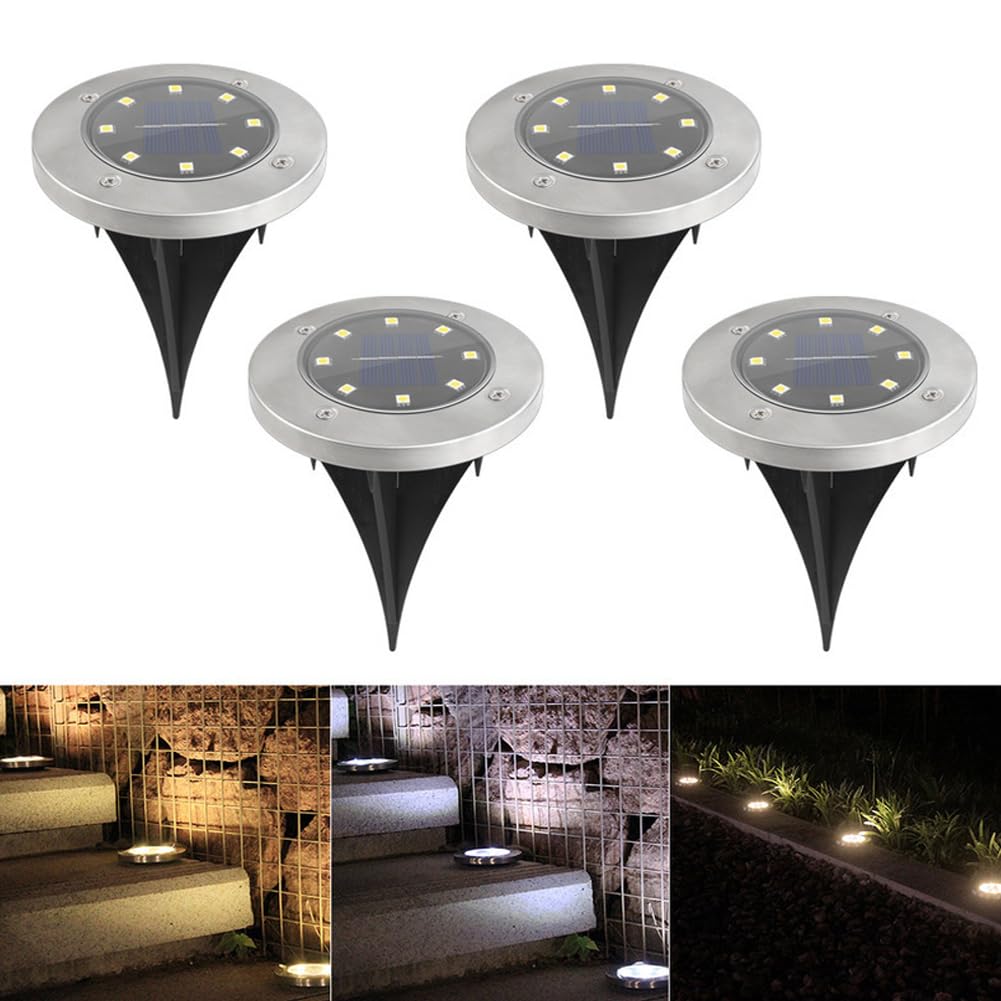 XLJLKJDS - Stainless Steel Solar Ground Light 8 LED IP65 Waterproof, 4 Pack Disk Deck Lights for Garden in Ground, Warm White Solar Light