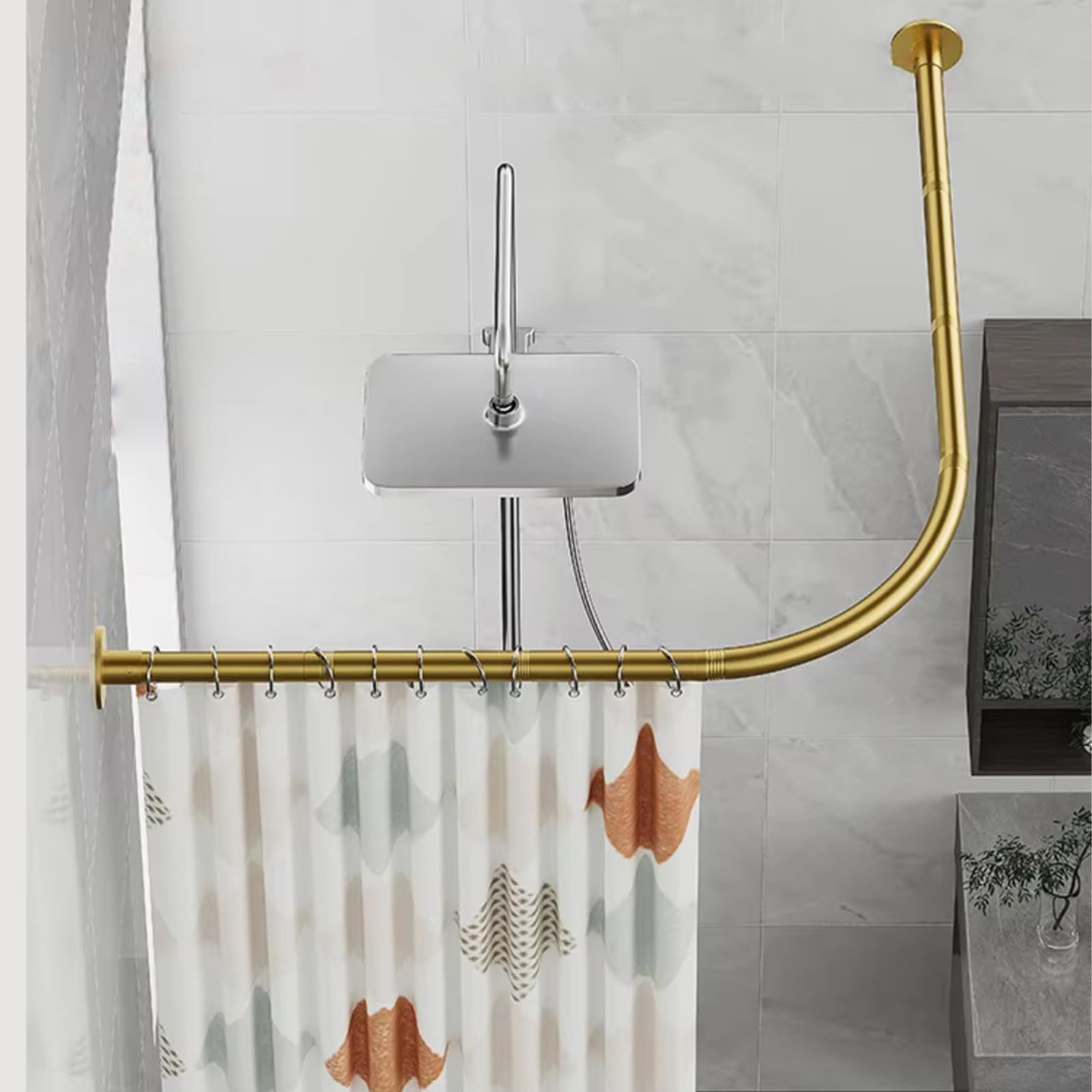 GLDYTVF Curved L-Shaped Shower Curtain Rod Adjustable Telescopic Stainless Steel Non-Sag Design Gold Finish Fits 68-98cm x 192-222cm Perfect for Bathroom Upgrade.
