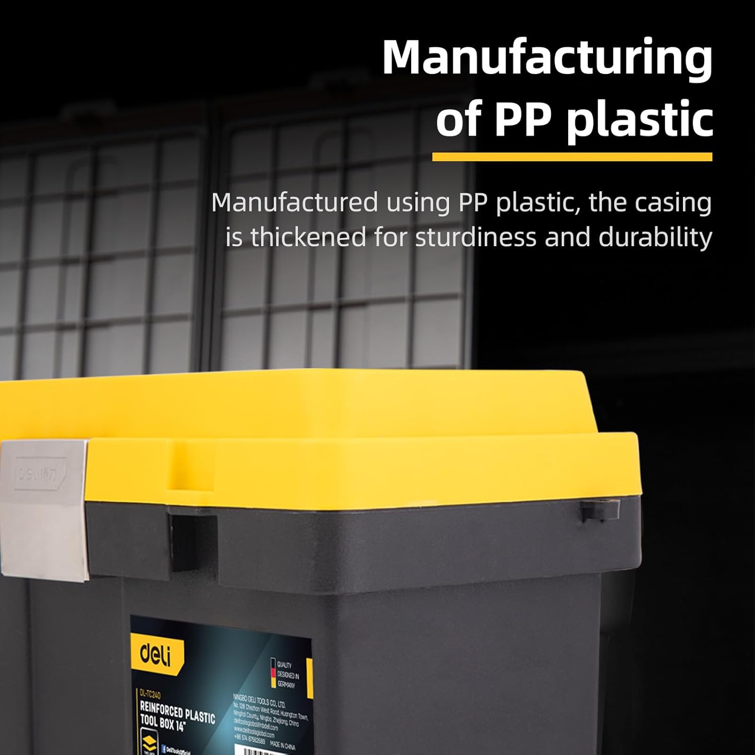 Side view of the deli tool box, highlighting its robust PP plastic construction and the deli branding.