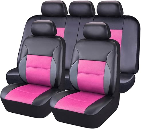 Amazon Car Pass 11ピースレザーユニバーサルカーシートカバーセット ローズピンク シートカバー 車 バイク