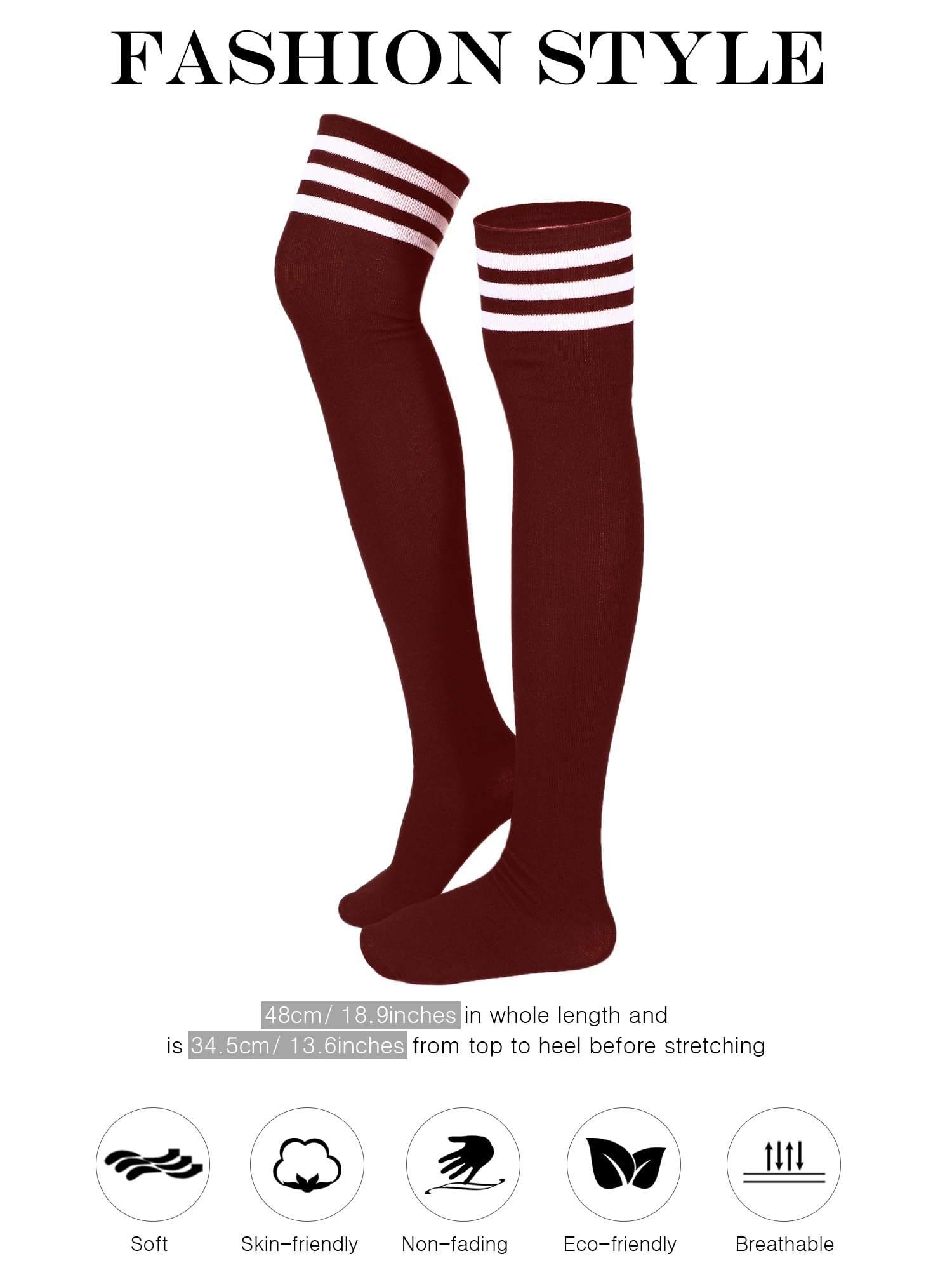 SATINIOR 3 Pairs Knee High Socks Thigh High Triple Stripe over the Knee Socks Long Opaque Thigh Stockings: One Size Black, Wine Red, White