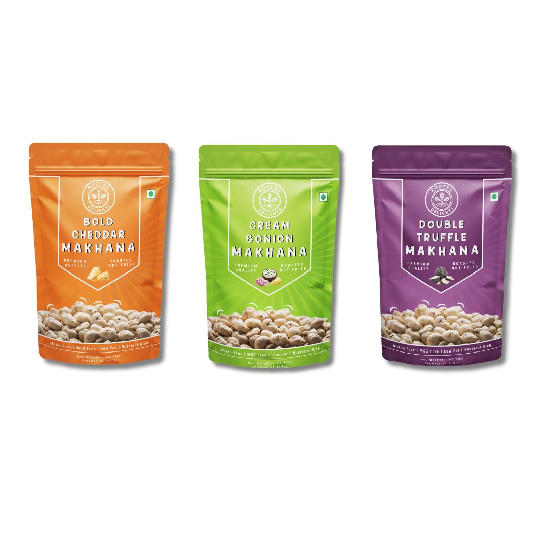 Rooted Delights Bold Cheddar, Cream Onion and Double Truffle Makhana Combo Pack of 3 (35 g Each) Wellness in Every Crunch, Gluten Free, Low Calorie Healthy Snack| High Protein Roasted Makhana-image-37