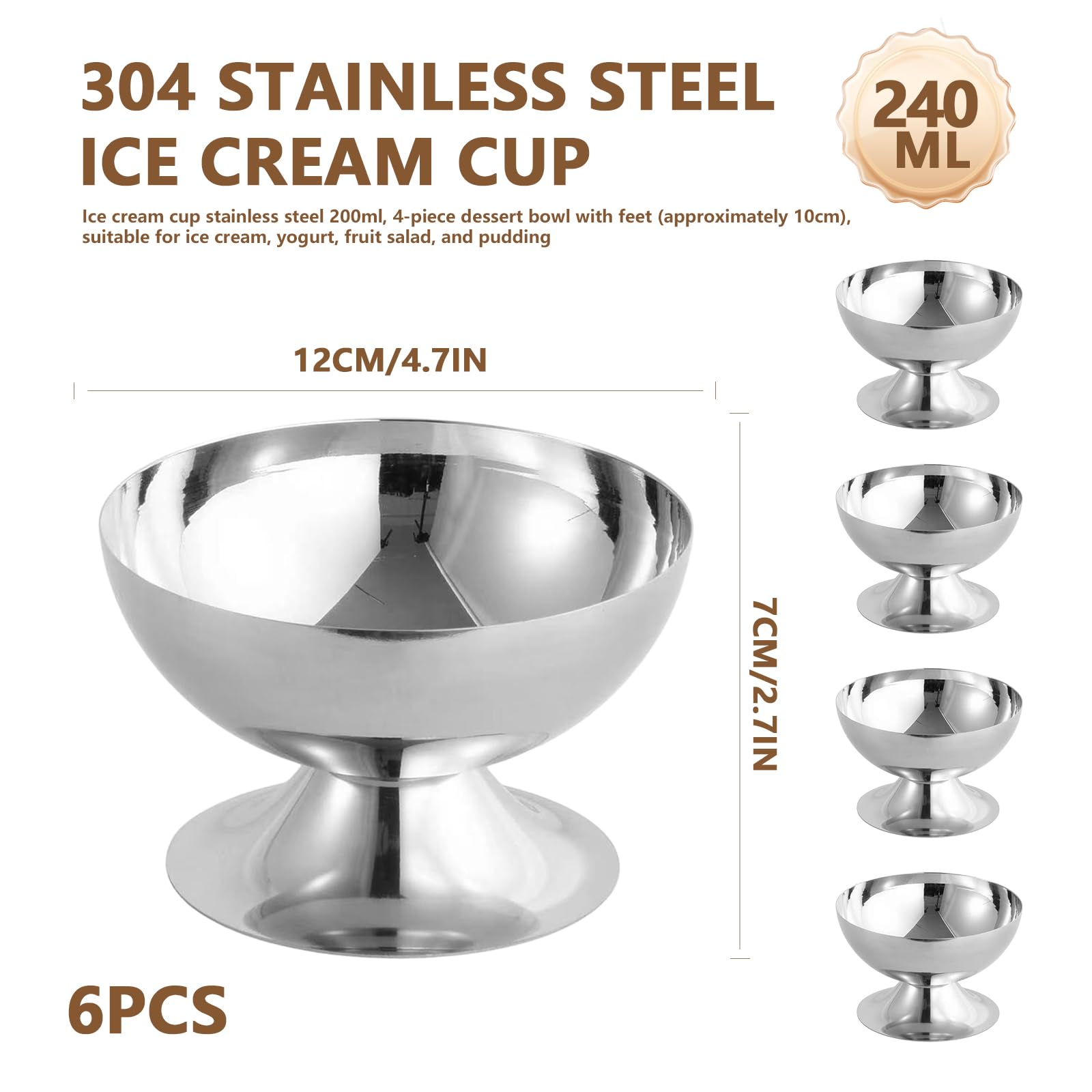 GOMETY 6 bicchieri per gelato in acciaio inox, 240 ml, diametro 10 cm, in acciaio inox, per dessert con piede, per gelato, frutta, yogurt, insalata, budino, matrimoni, feste