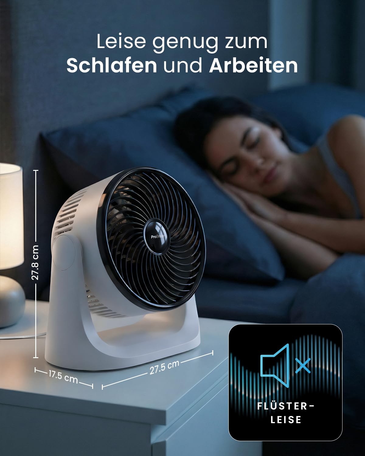 Pro Breeze AirFlo Mini Tischventilator – Leiser Turbo Ventilator 3 Stufen 90° Neigung 4,2 m/s kompakt
