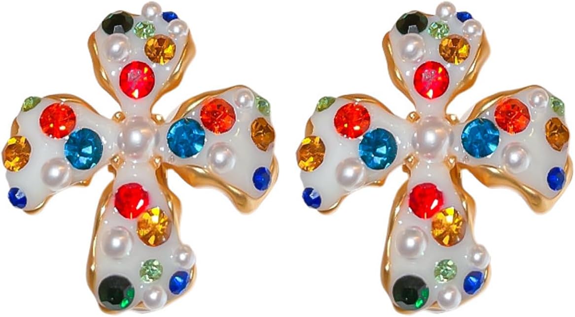 Gold Pearl Flower Statement Earrings for Women Bohemia Vintage Rhinestone Floral Petal Clip On Earrings Colourful Large Flower Earrings Charm Jewelry - Image 7