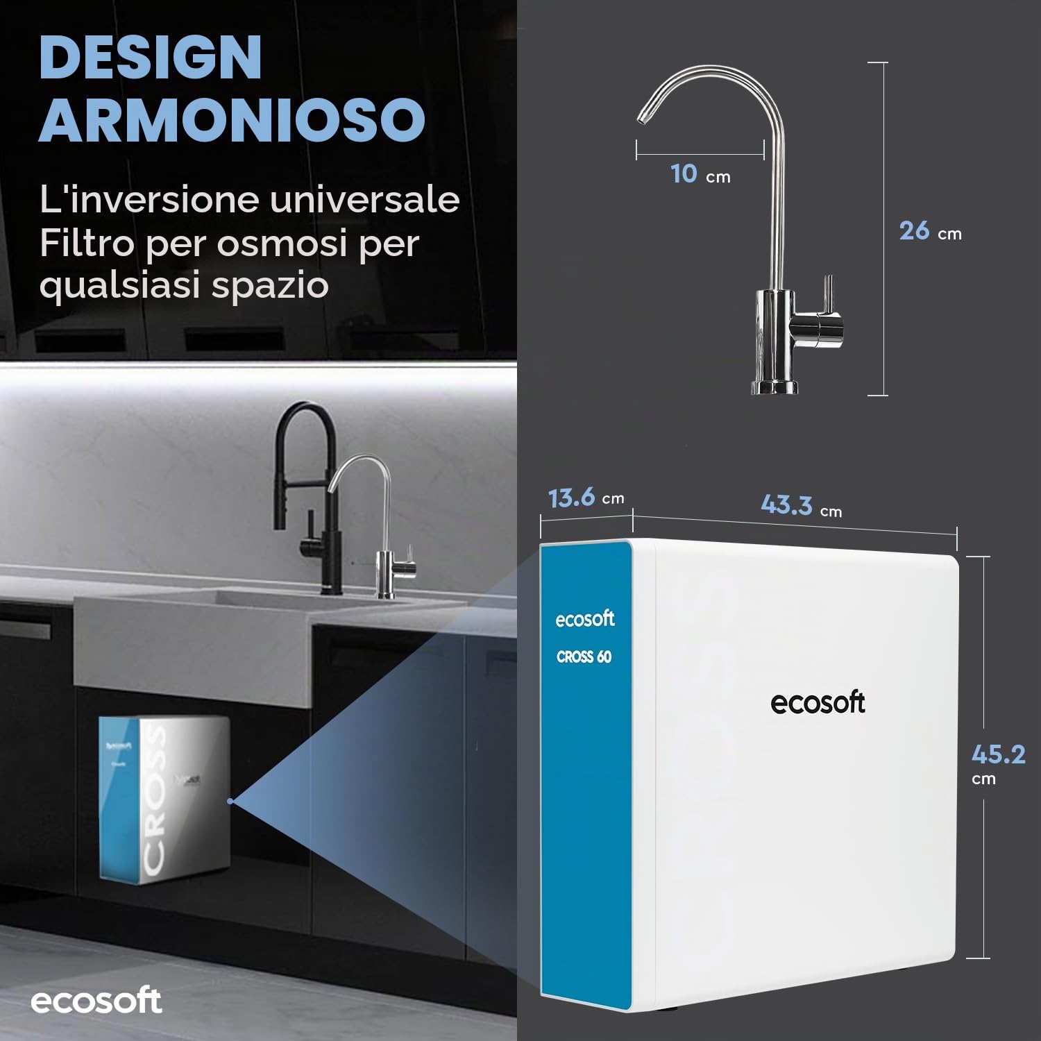 Ecosoft CROSS 60 - Filtro ad osmosi inversa, flusso diretto da 1 l/min, tecnologia ecologica a risparmio d'acqua, display intelligente, sostituzione delle cartucce fai da te