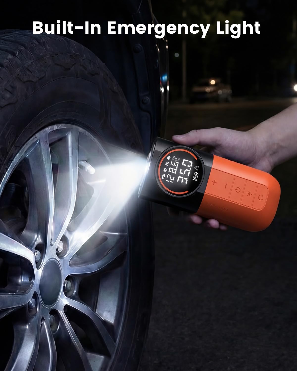 ETENWOLF VORTEX S6 Tire Inflator Portable Air Compressor, Cordless Air Pump | with 19200mAh for Heavy duty Vehicle, Car & Inflatables, 100% Duty Cycle & Dual Cylinder, Bike Pump with LED Backlight,Orange product image 15