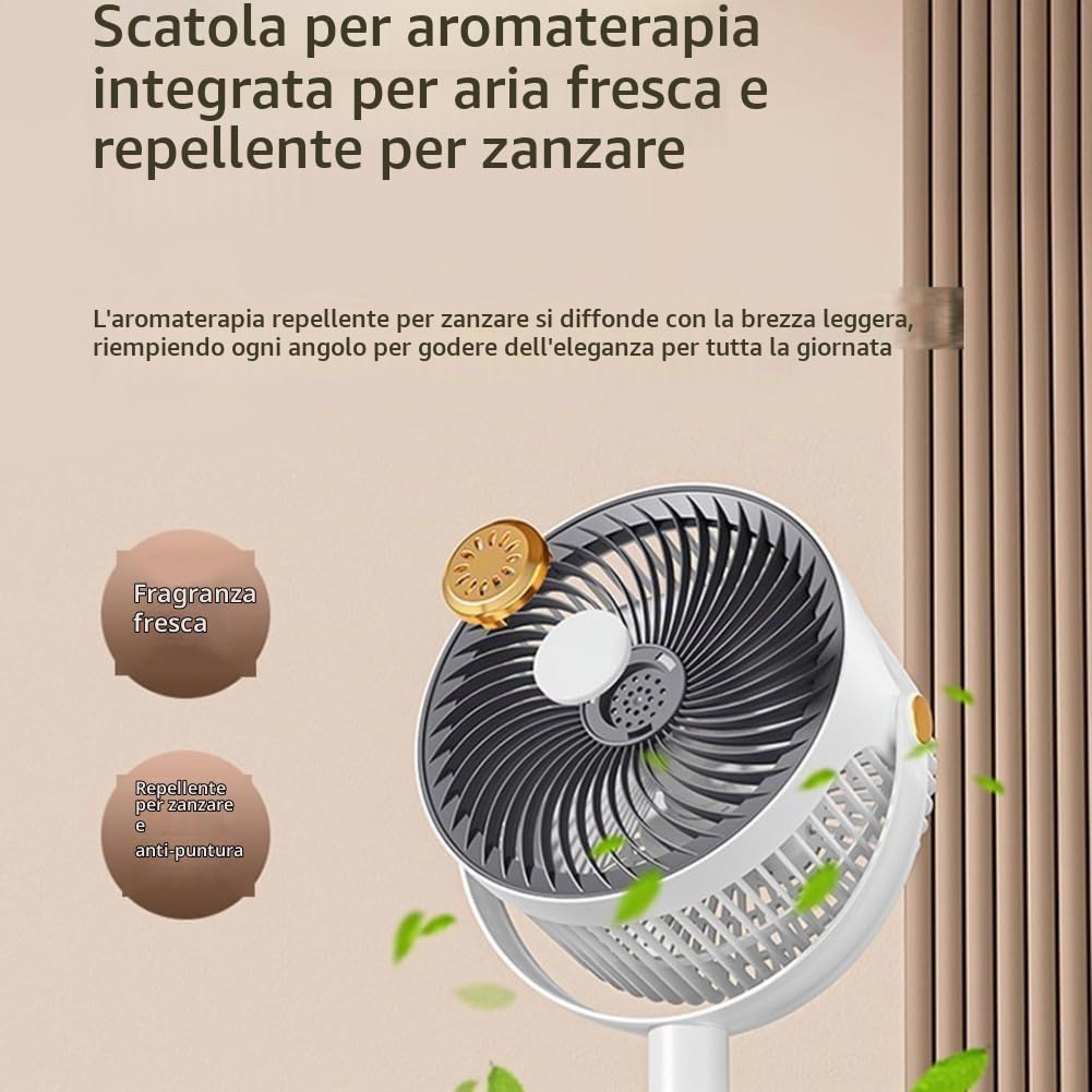 Ventilatore a piedistallo, 28–86,5 cm, regolabile, silenzioso, oscillazione a 360°, 5 velocità, 4000 mAh, ricaricabile tramite USB-C, con funzione aromaterapia per l'uso in camera da