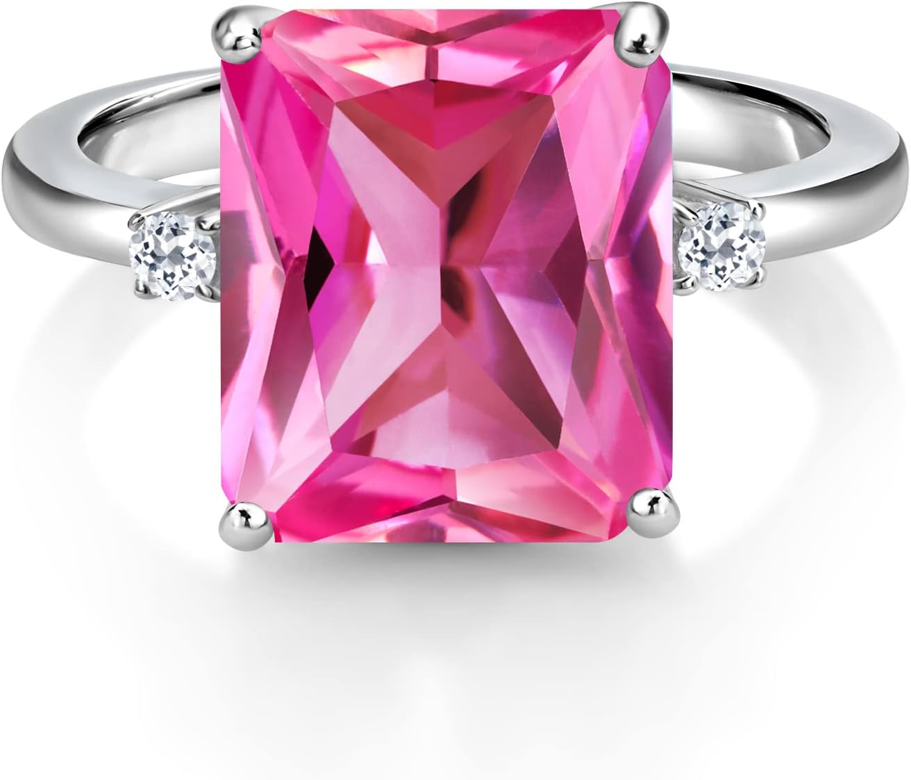 Gem Stone King 6.68 Cttw 12X10MM Pink Created Sapphire and 2MM White Topaz 3 Stone Engagement Ring For Women | 925 Sterling Silver | 3 Stone Wedding Engagement Anniversary Ring For Women