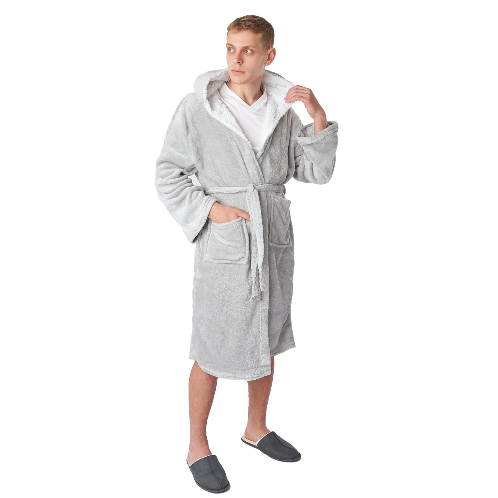 Sienna Long Dressing Gown with Hood for Men Fluffy Sherpa Lined Luxury Super Soft Flannel Fleece Comfy Hoodie Cosy Bathrobe - Silver