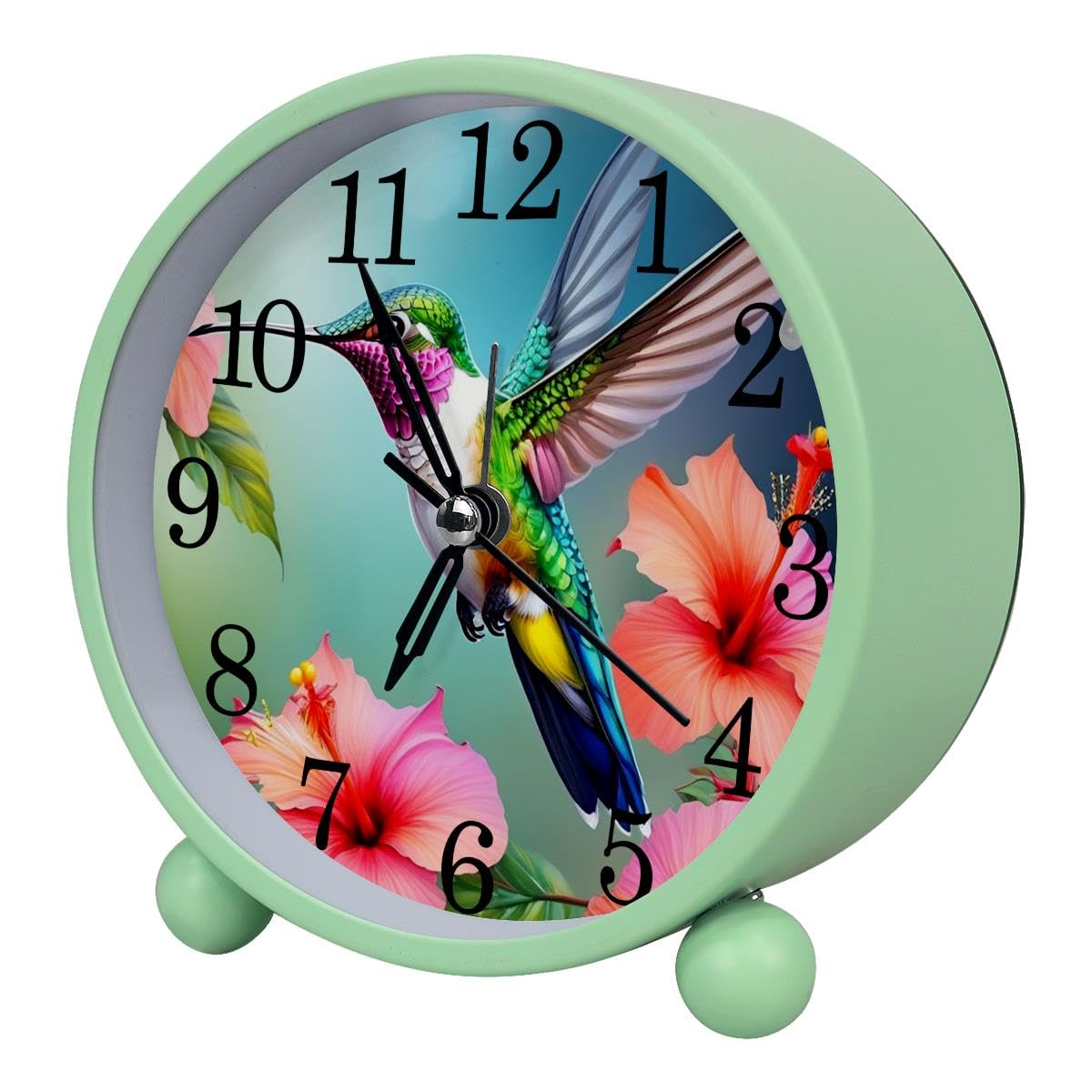 Luoweisi Alarm Clock Hummingbird and Flowers, Silent Non-Ticking with Night Light, Round Metal Alarm Clock for Office, Battery Operated, Bedroom, Elderly, Adults, Children, Student Gifts