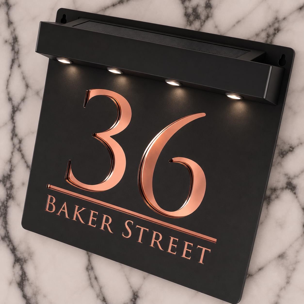 K Smart Sign | Bellissima S1 LED F32 | Square Solar Light House Signs Door Number Plaques With LED Personalised Name Address Sign For Wall With Classic Text (Matt Black & Rose Gold Mirror)