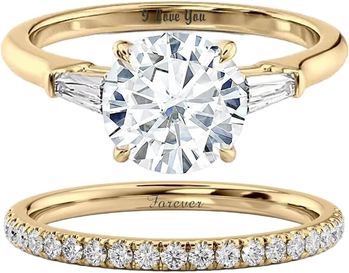 SISGEM 10K 14K 18K Solid Gold Moissanite Engagement Rings Bridal Set for Women, 1-3 Carat Round-cut Moissanite Tapared Baguette Three Stone Wedding Band Set Promise Rings for Her
