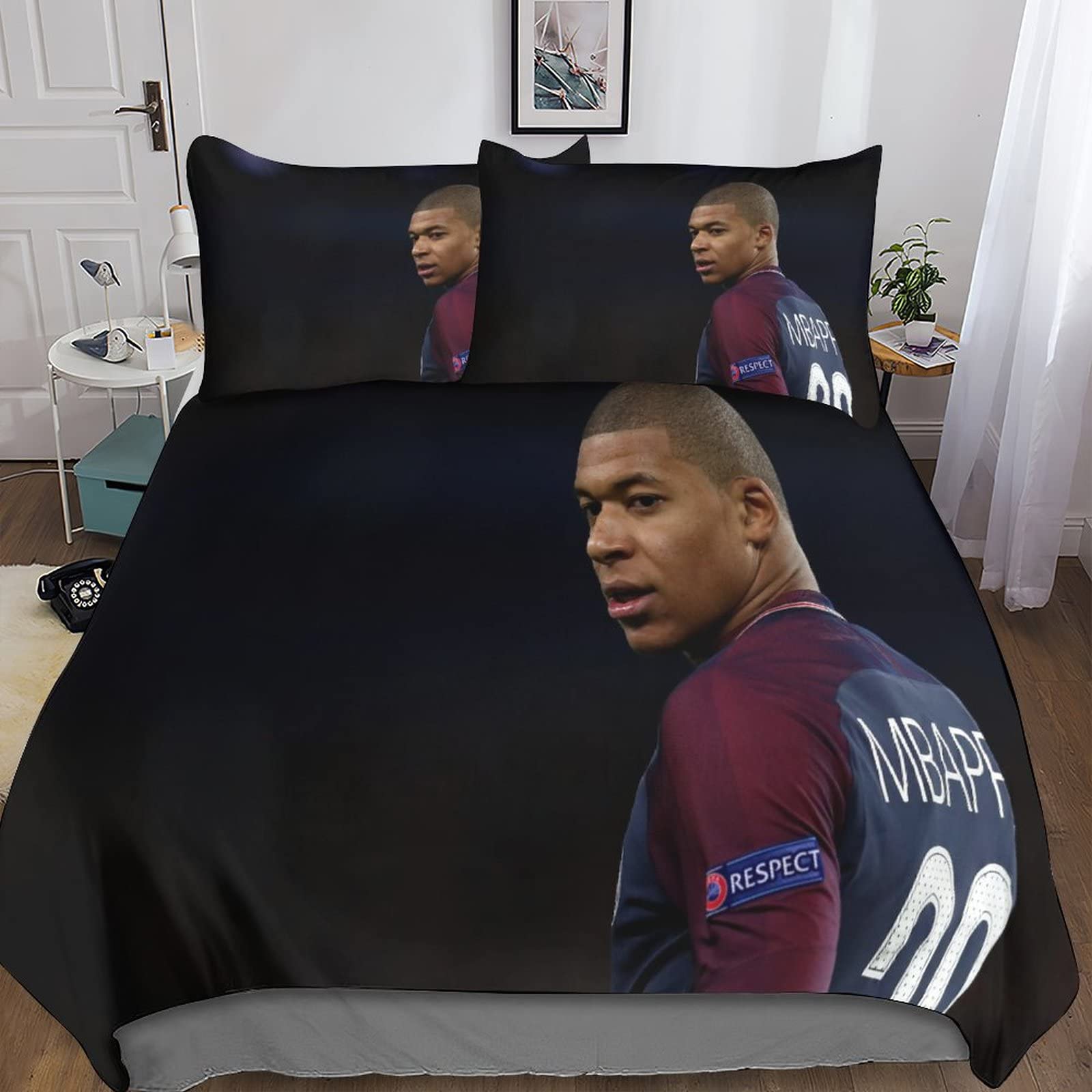Kylian Mbappe Bettwäsche-Set 3D Bettwäsche Set Microfaser Bettbezug Set Und Kissenbezug Mit Reißverschluss Pflegeleicht Für Teenager Geeignet (A,135x200/50x75x2