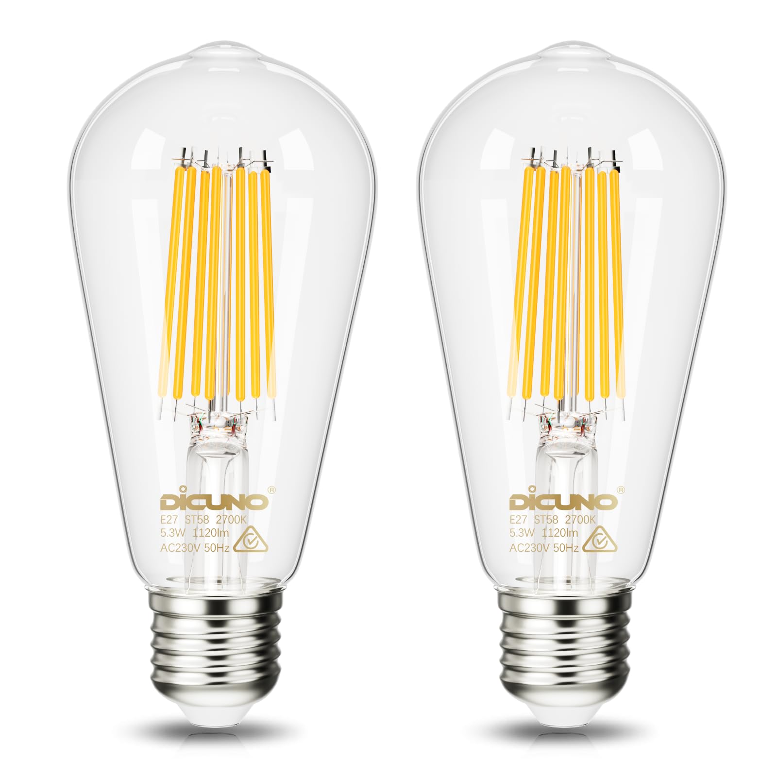 DiCUNO Ultraeffiziente E27 LED Lampe, Energieeffizienzklasse A, Ersetzt 80W herkömmliche Glühbirne, 2700K Warmweiß, 5,3W, 1120lm superhell, Vintage ST58 Klar Edison Birne, nicht dimmbar, 2er Pack
