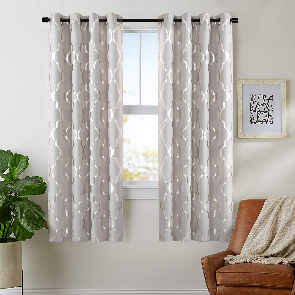 Vangao Linen Textured Curtians Foil Print Morrocan Tile Quatrefoil Room Darkning Drapes 63 Inches Length for Bedroom and Living Room 2 Panels Silver on Flax