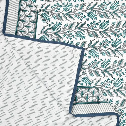 Image of BLOCKS OF INDIA 100% Cotton Dohar King Size Reversible Hand Block Printed Malmal Summer Dohar /Blanket (Green BEL)