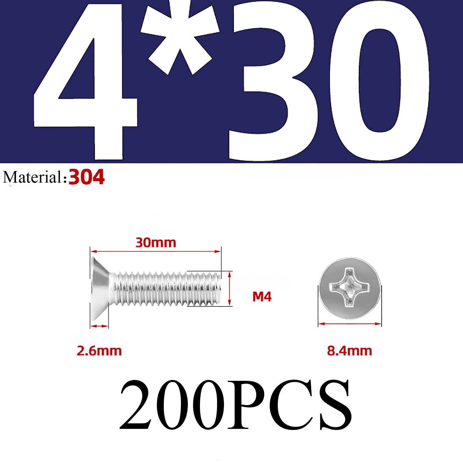 Tornillos para metales, tornillos de cabeza plana, Paquete de 200 tornillos Phillips de cabeza avellanada plana M4 x 22-30 mm, acero inoxidable 304(M4*30 200)