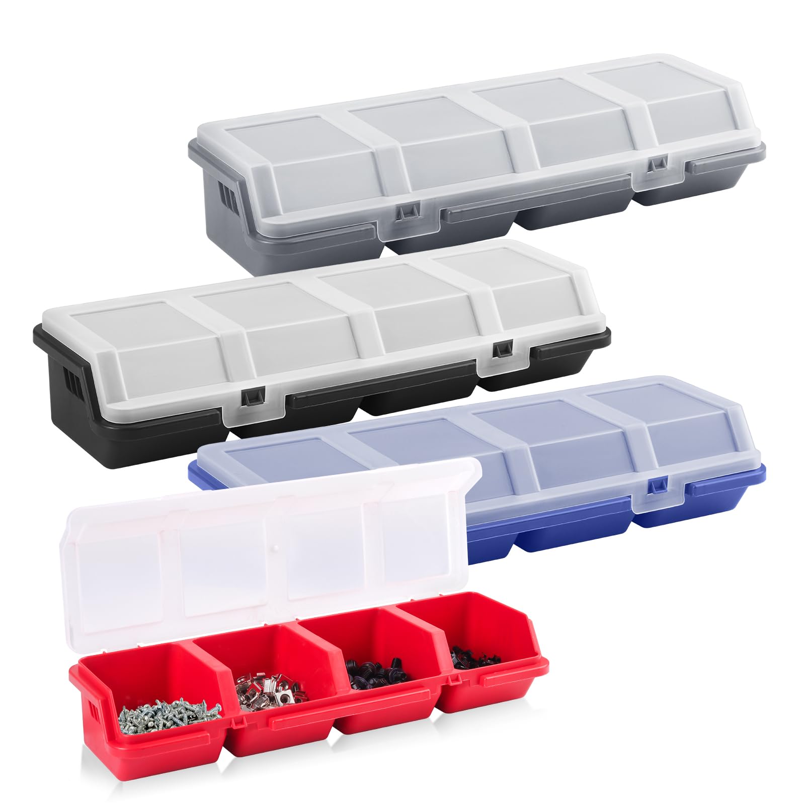 Duogalia 4 Pack Screw Organizer Box with Lids, 4 Compartments Tool Bin Stackable Sorting Screw Toolbox for Garage Nails Hardware Workbench Organizing
