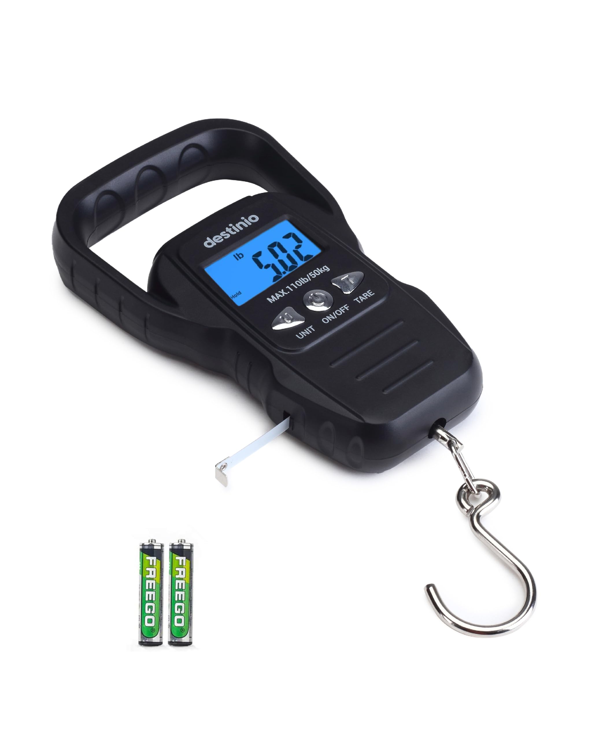 Destinio Hanging Weight Machine 50kg - Portable Digital Weighing Scale for Luggage, Gas Cylinder & Travel, Wide Soft Handle, Measuring Tape Included, Weighing Scale for Luggage Bags & Suitcase, Black