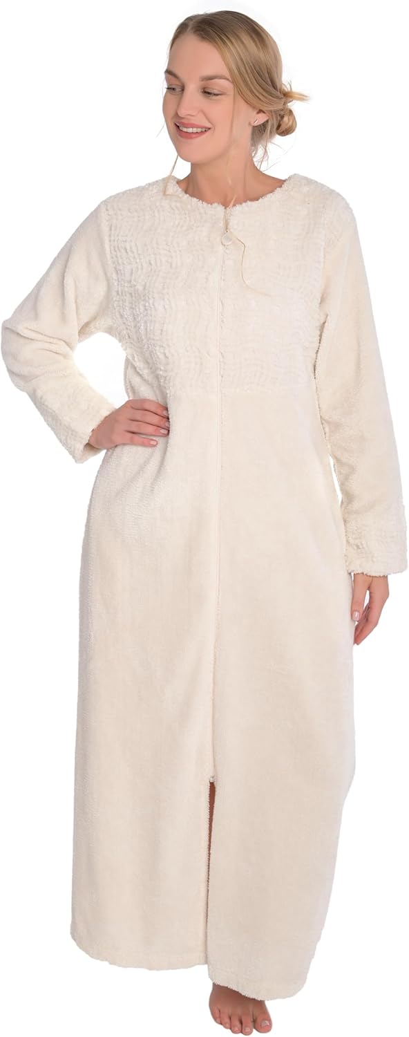 HOC Women's Soft Wavy Yoke Chenille Zipper Robe