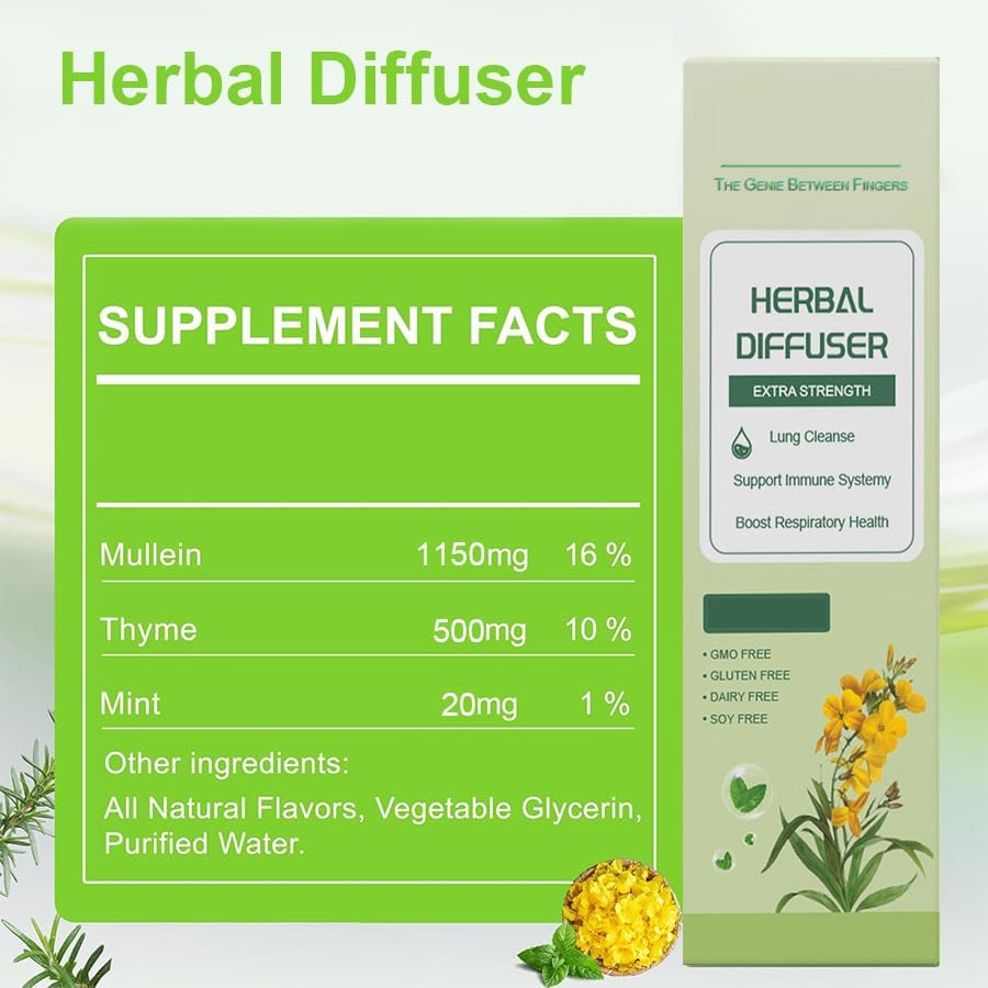 Vista 3 de Mullein - Pluma difusor de hierbas con extractos de gordolobo, tomillo y menta para desintoxicación pulmonar y ambientar el aire oral - 1 barra