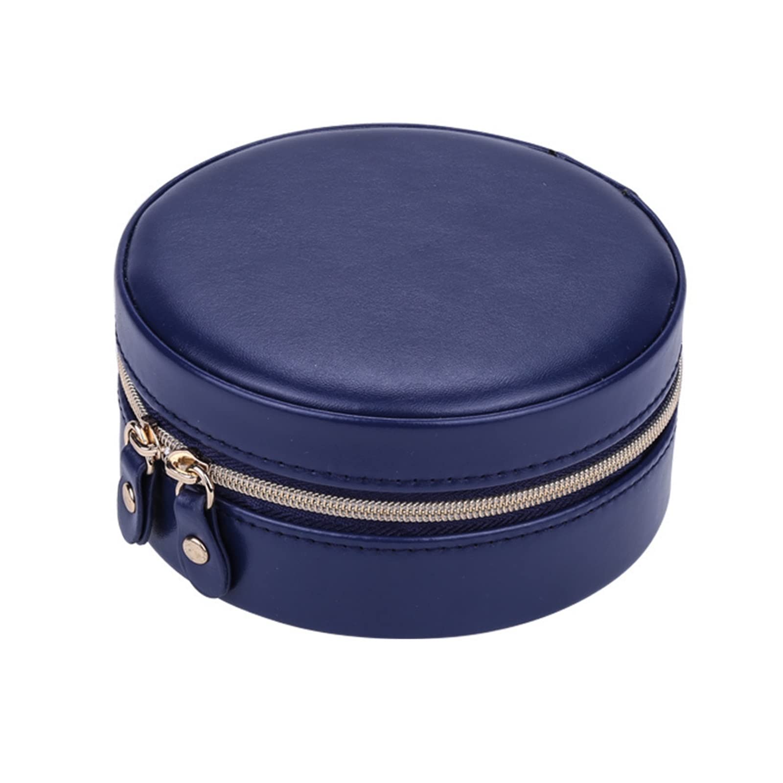 Boîte à bijoux ronde en PU haut de gamme double couche bleu foncé