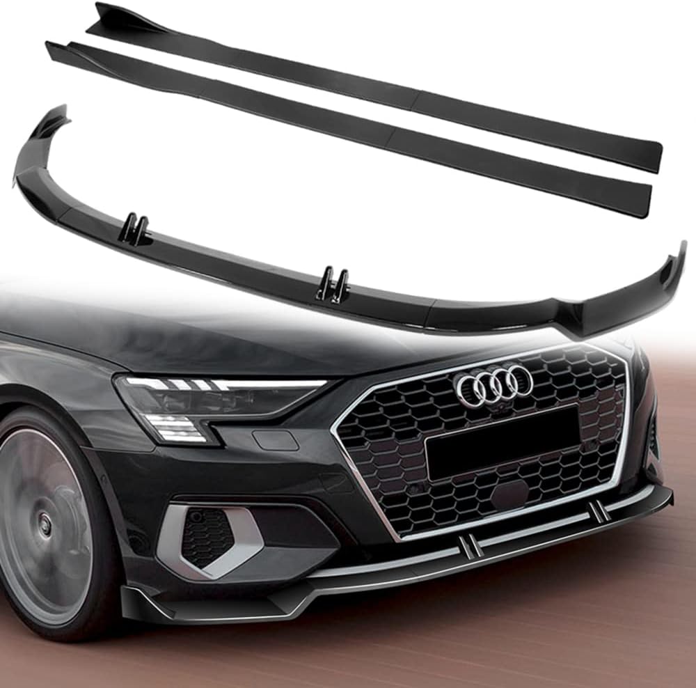 Q1-TECH, 9-Piece Front Bumper Lip & Side Skirt Extensions Diffuser Compatible with 2022-2024 Audi A3 / A3 Quattro Sedan Only, Front Lip Spoiler Air Chin Splitter ABS 2023 (Painted Black)