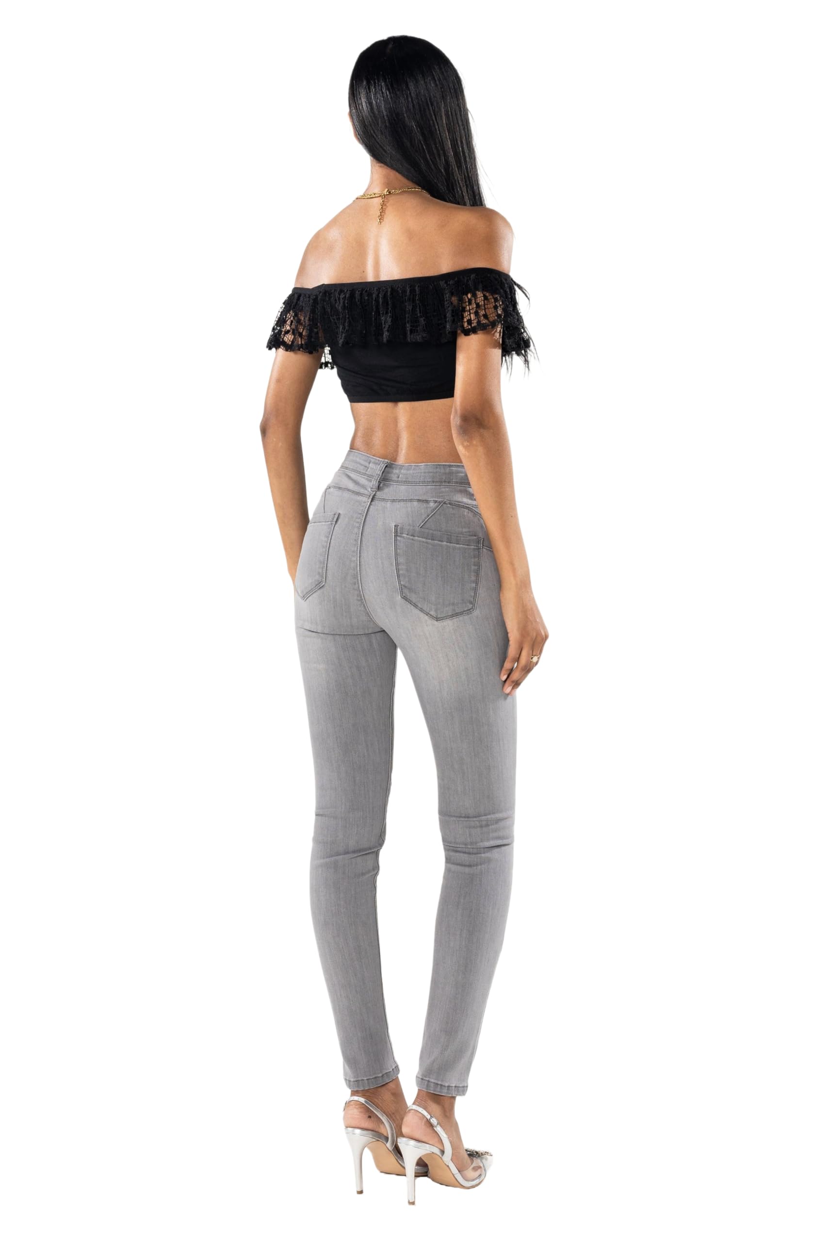 Jean coupe skinny pour femme - Taille haute - Stretch - Effet plissé - Coupe ajustée - Coupe ajustée - Style usé - 5 poches