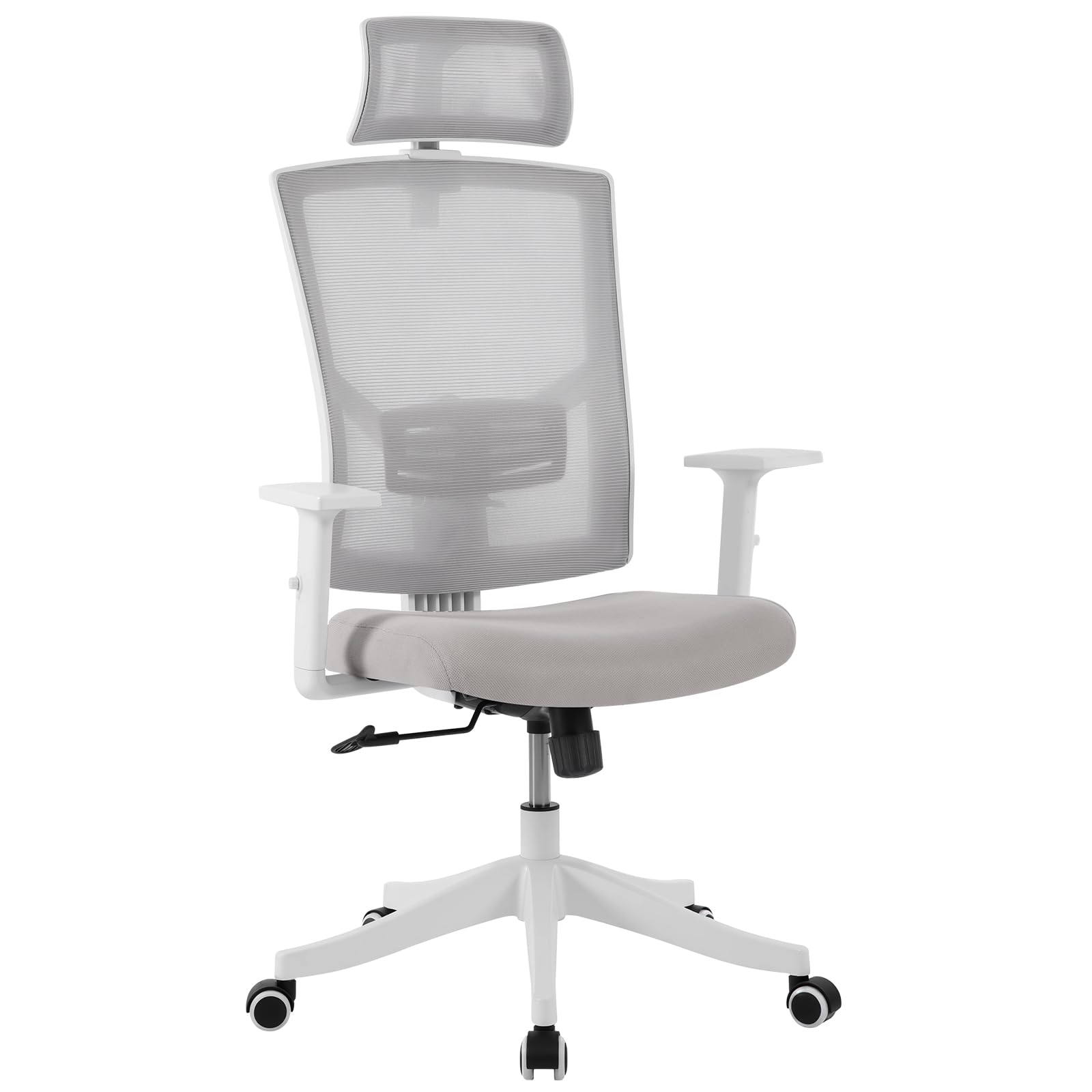 Silla de Oficina ergonómica de Respaldo Alto – Malla Transpirable – Reposacabezas y Soporte Lumbar Ajustables – Brazos abatibles – Respaldo reclinable y Base giratoria – Marco Blanco/Malla Gris