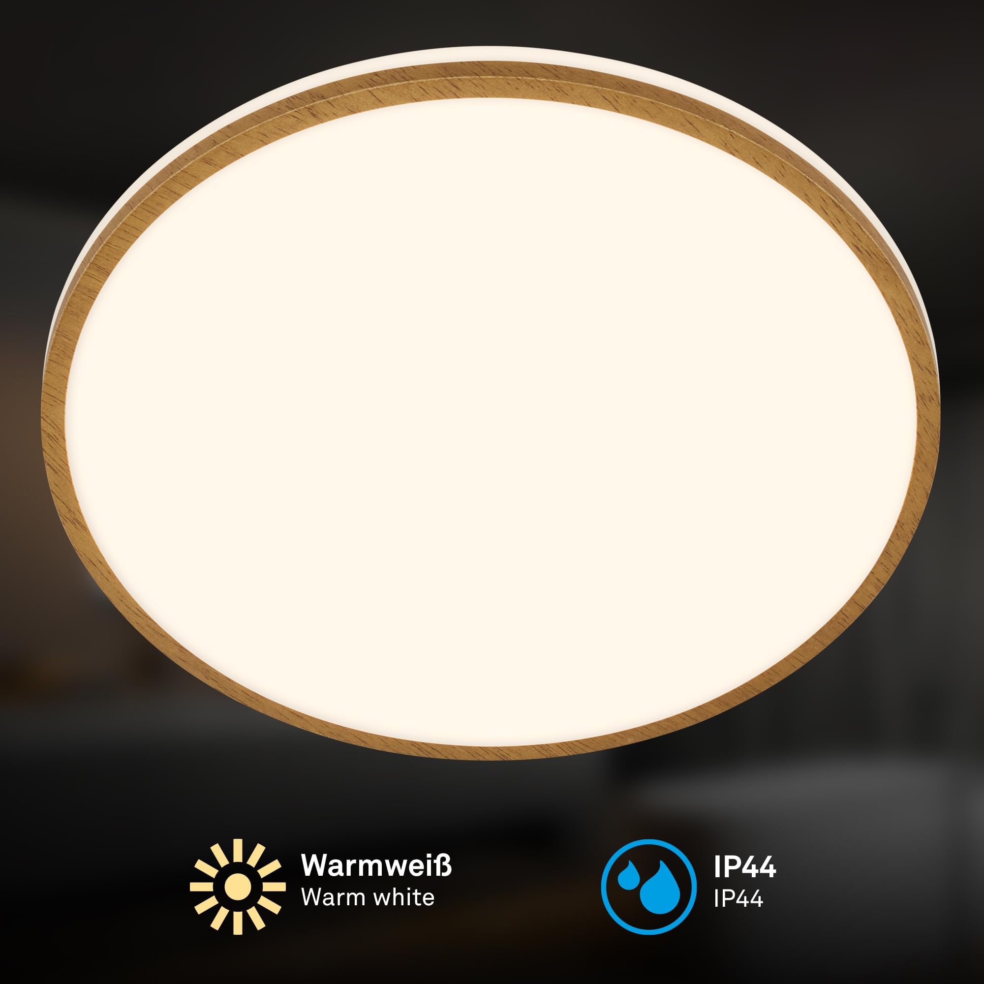 BRILONER - LED Deckenlampe Bad mit warmweißer Lichtfarbe, IP44 Spritzwasserschutz, 18W, 1850lm, LED Deckenleuchte, Badlampe, Badezimmerlampe, Küchenlampe, Feuchtraumleuchte, 33 x 6,6 cm, Weiß-Holz