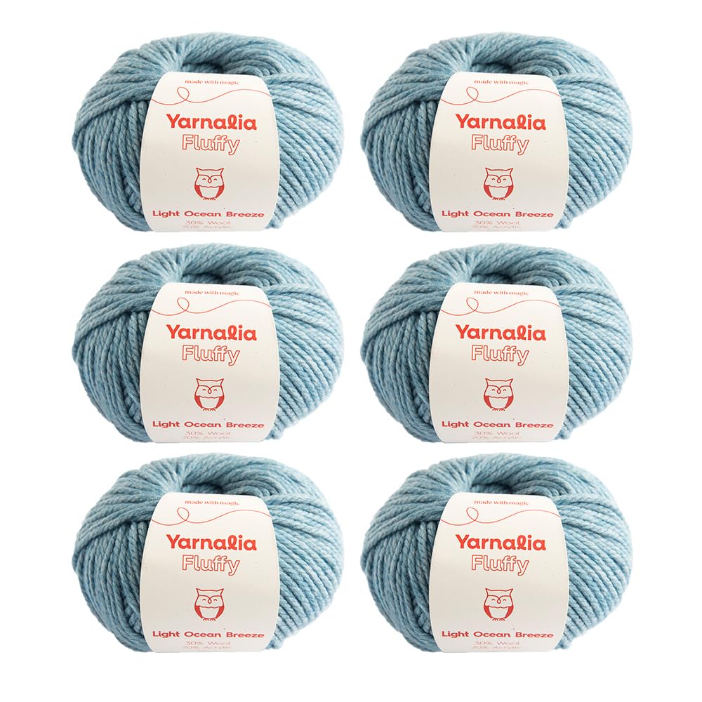 Fluffy Yarn Chunky Weight 6-Pack - Composed of Wool and Acrylic | Ultra-Soft Yarn Spun for Knitting & Crocheting for Sweaters, Blankets & Accessories | 100g/109 yd Each | Light Ocean Breeze Light Blue Chunky Weight Merino Blend