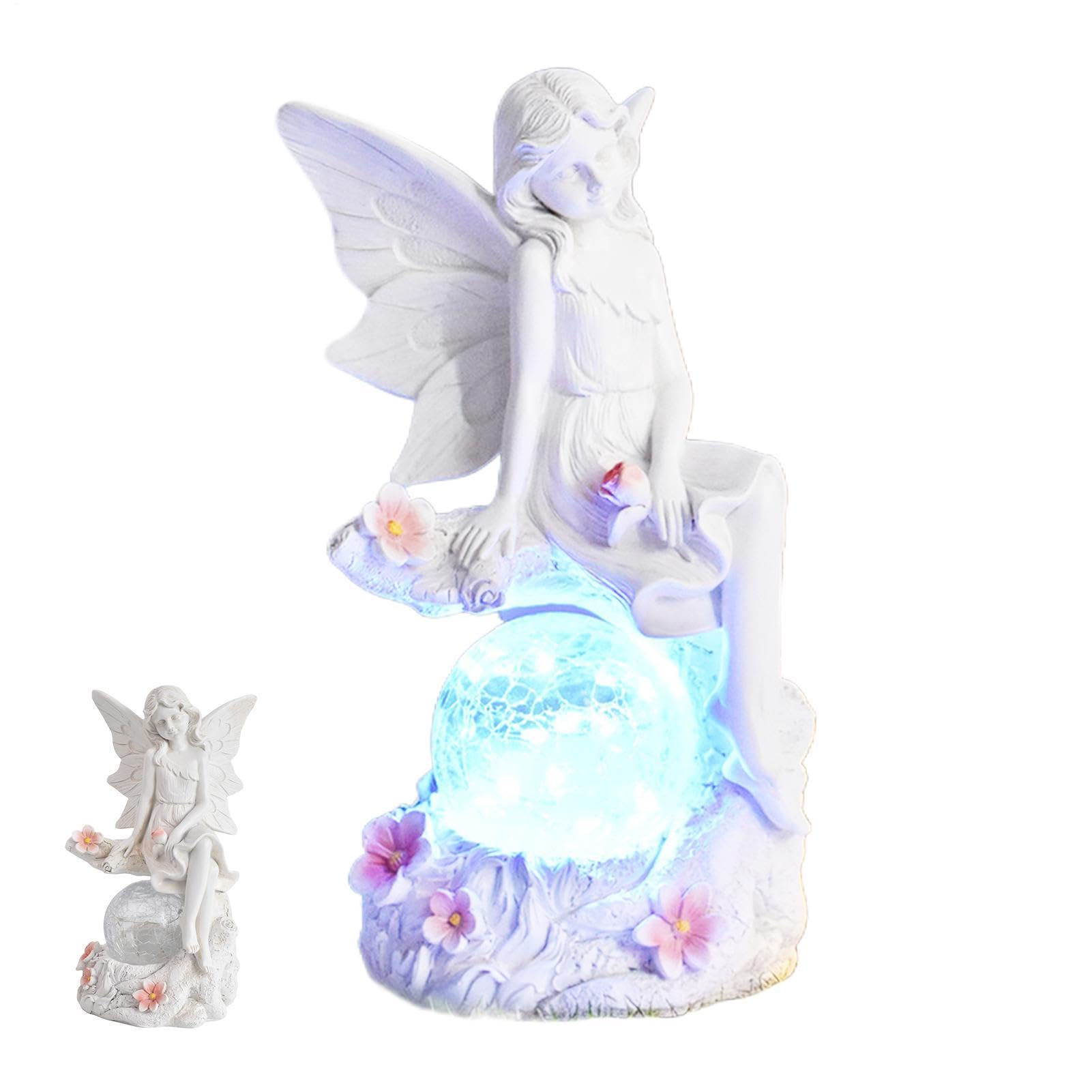 Statua decorativa da giardino a forma di angelo fatato, in resina, con luce