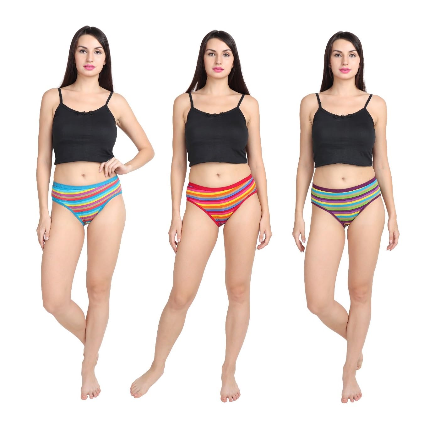 Women's Multicoloured Striped Bikini Women Anti Bacterial Hipster Panty - 100% Super Combed Cotton - Pack of 3 - No Marks Waistband, Moisture Wicking-image-48