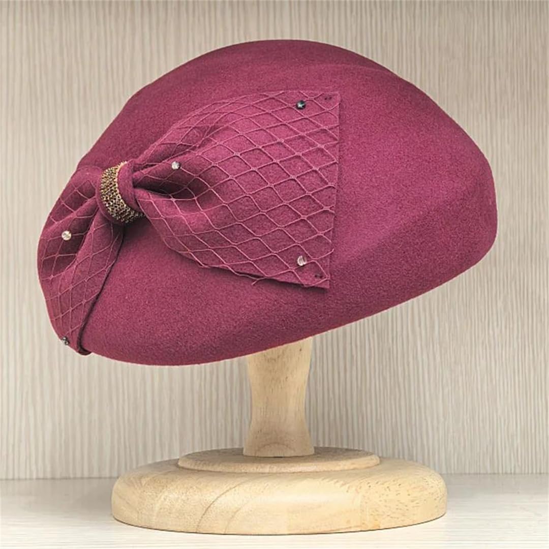 Wvapzxx Cappello invernale da donna in feltro di lana con fiocco velo fascinator cappello elegante cocktail pillbox cappello matrimonio chiesa tea party cappello