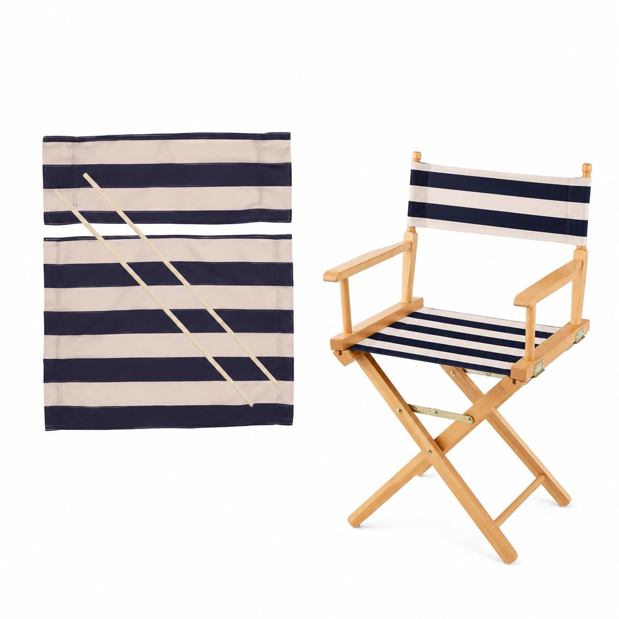 SUPVOX Director Chair Replacement Canvas Kit - Heavy Duty Fabric Seat (54x41cm) & Backrest (53x20cm) with 40cm Wooden Rods - Blue & White Stripe Outdoor Folding Chair Accessory
