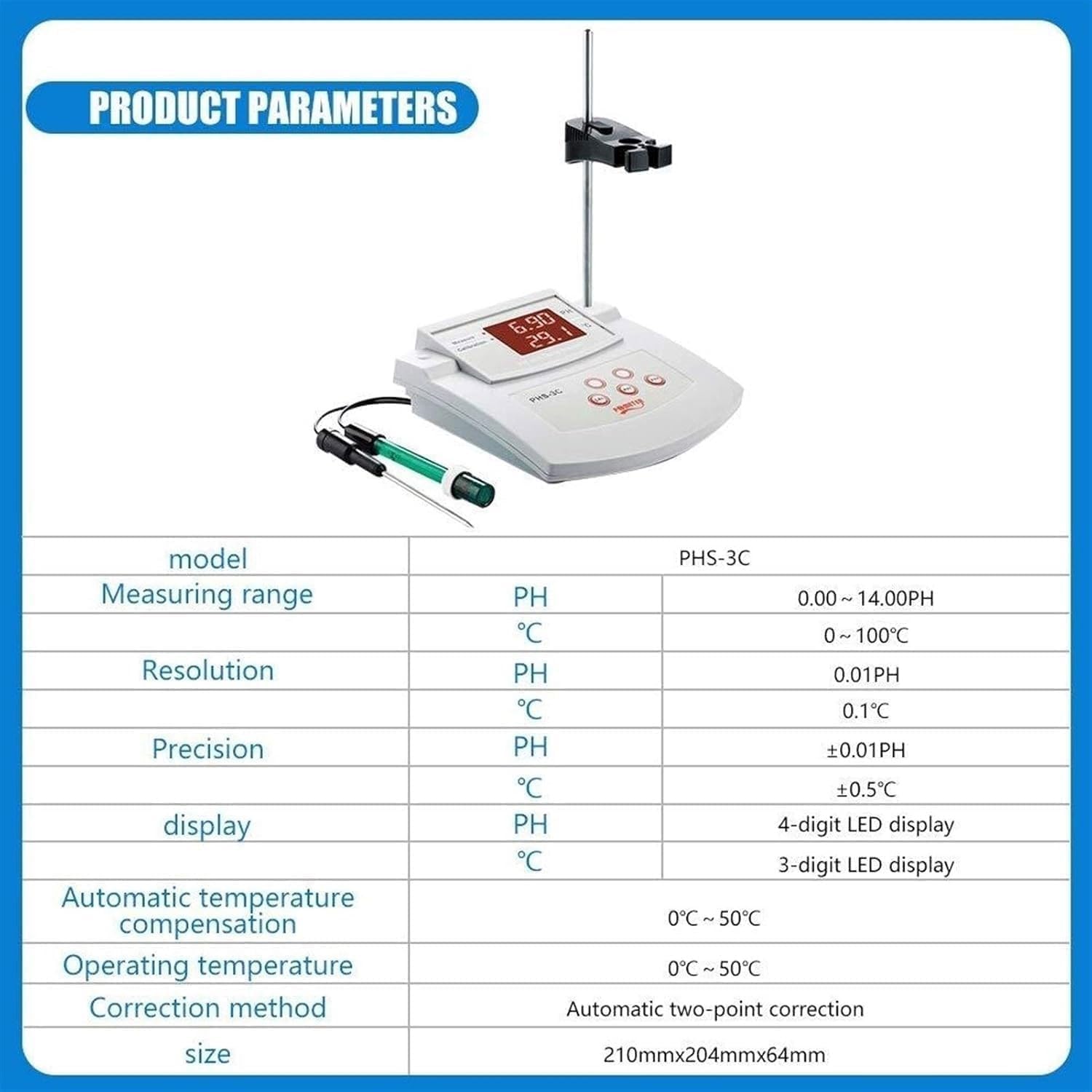 Genérico Medidor De Ph De Sobremesa para Laboratorio, Medidor De Ph Digital, Calibración Automática con Precisión De 0,01 Ph, Compensación De Temperatura De Doble Electrodo