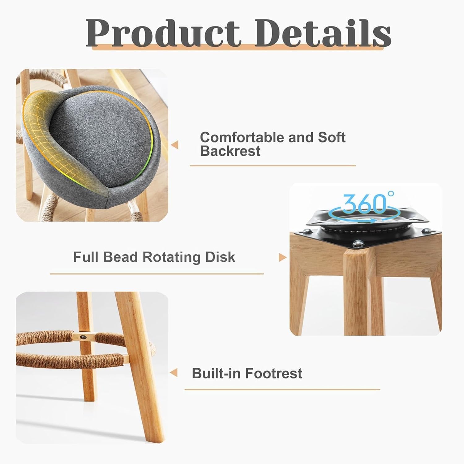 Taburetes de Cocina con Respaldo, giratorios 360°, de Madera Maciza, Elegantes taburetes para Barra de Desayuno.
