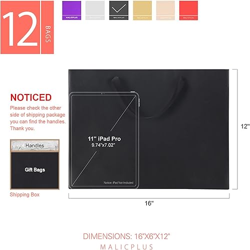 Miniatura 2 de MALICPLUS 12 bolsas de regalo extragrandes de 16 x 6 x 12 pulgadas, lujosas bolsas de regalo grandes de color negro mate con asas para todas las