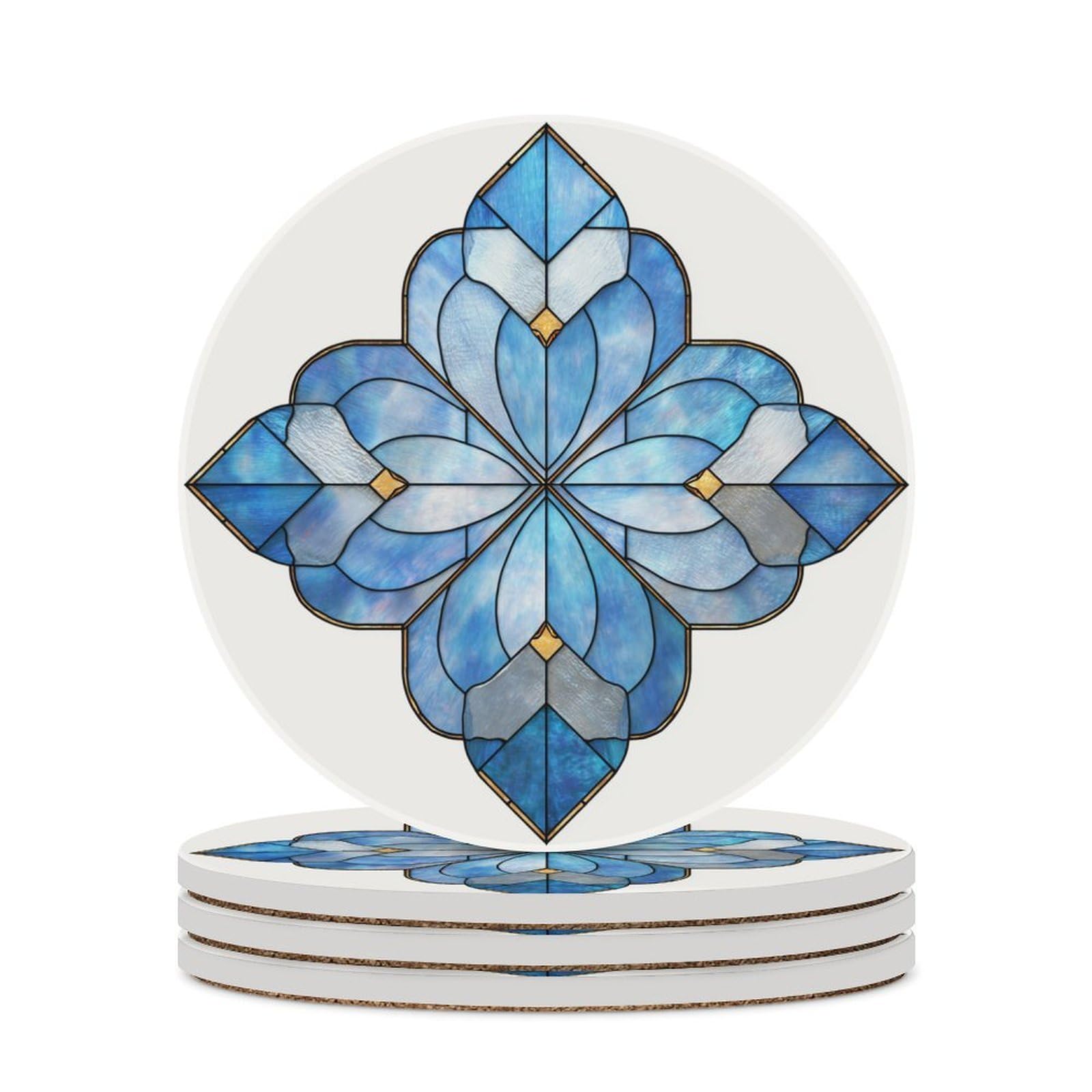 Blue Four-petal Star Shaped Stained Glass Coasters Set of 4 Absorbent Coasters