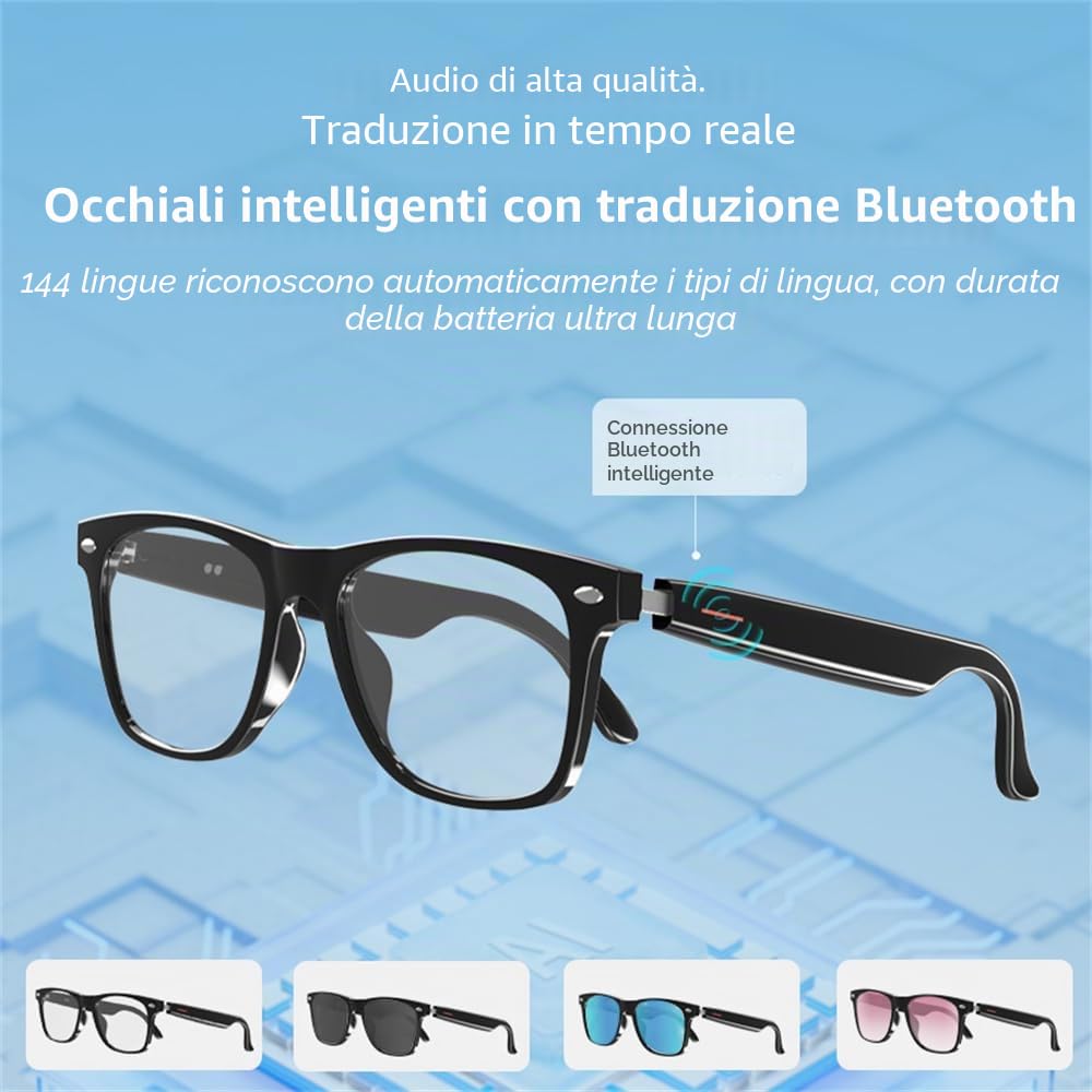 AI Smart Occhiali Uomo/Donna - Bluetooth con traduzione, cancellazione rumori, Filtro Luce Blu & Lenti intercambiabili (Nero/Blu/Rosa) per Ufficio/Outdoor - White