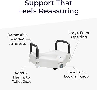 Drive Medical 2-in-1 Raised Toilet Seat with Removable Padded Arms - Elevated Bathroom Safety Support - Secure Locking Attachment - Easy Height Assistance - Durable Plastic Construction