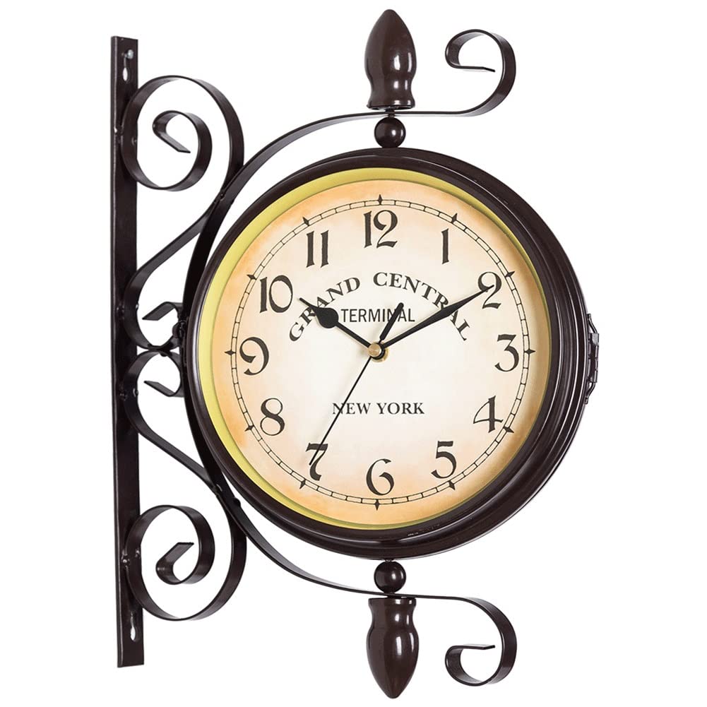 Horloge Murale Rétro sur Pied Double Face, Horloge De Gare Rétro en Métal À Deux Cadrans, Horloges Suspendues Antiques pour Jardin, Terrasse, Piscine, Véranda, Clôture, Décor,Black