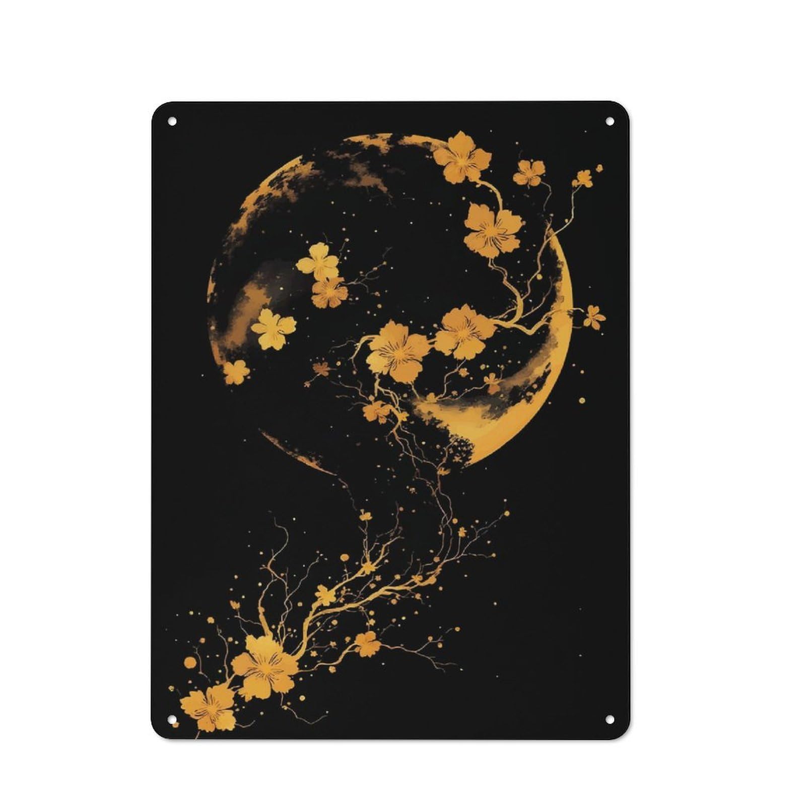 Junmoney Style-14 Vintage Metal Plaque 40X30cm Featuring Golden Cherry Blossoms On A Dark Background, Diner Style Decor For Restaurant, Kitchen, Counter Or Breakfast Nook