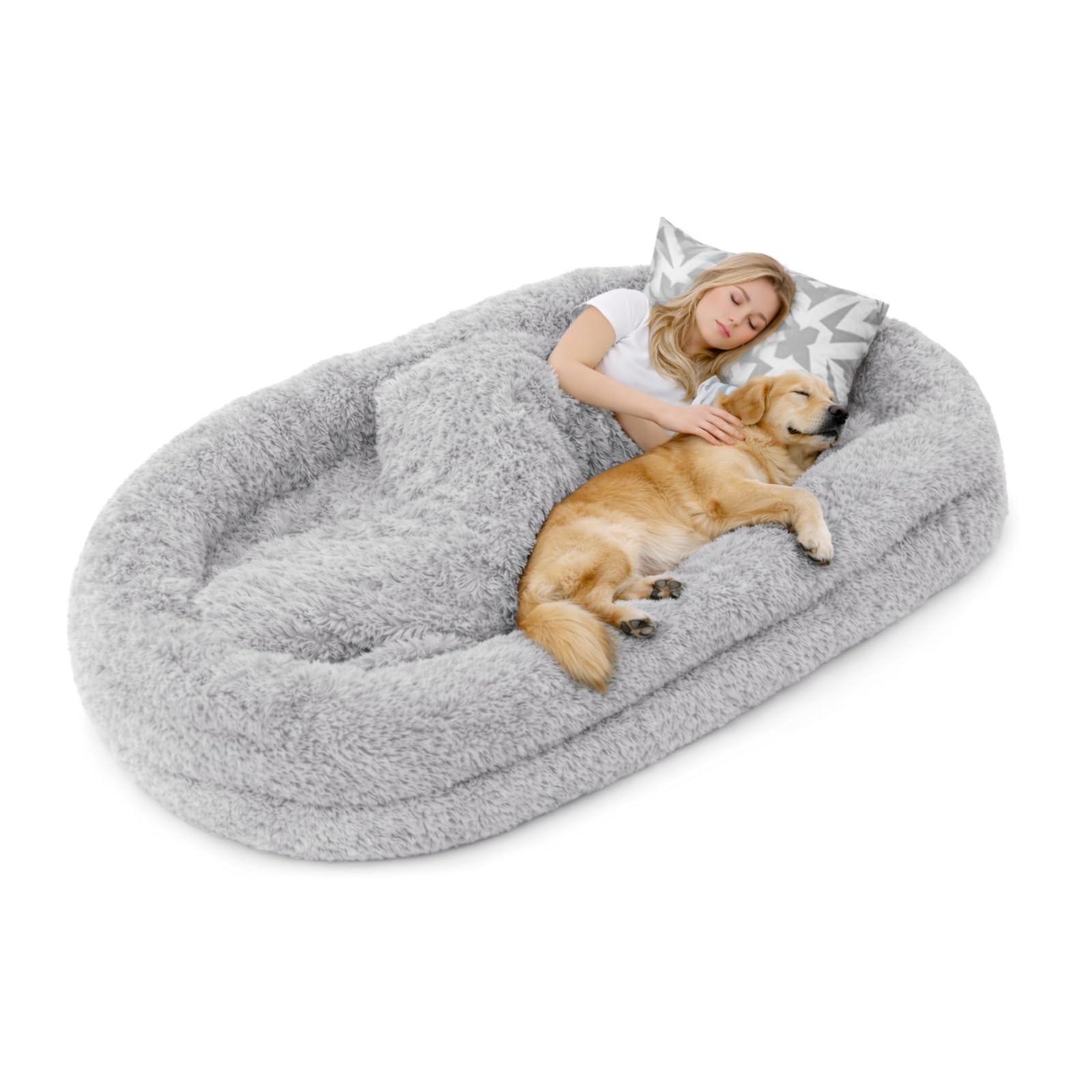 GreenWhim Human Dog Bed for Adults and Pets 180×115×25 cm – Orthopaedic Egg Foam, Luxury Plush, Washable Cover, Non-Slip Bottom, Waterproof Liner, with Pillow & Blanket (Grey)