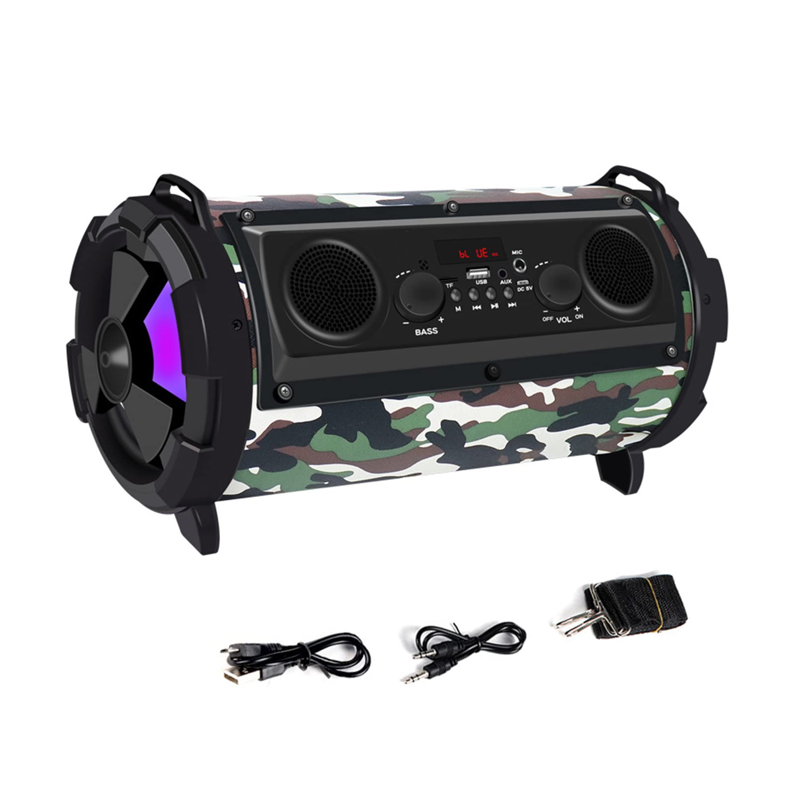 Przenośny głośnik Bluetooth 15 W, pełny dźwięk przestrzenny 360 °, obsługa radia FM/dysku U/karty TF/wejścia AUX/gniazda mikrofonowego - do domu, na imprezę, na zewnątrz,Camouflage