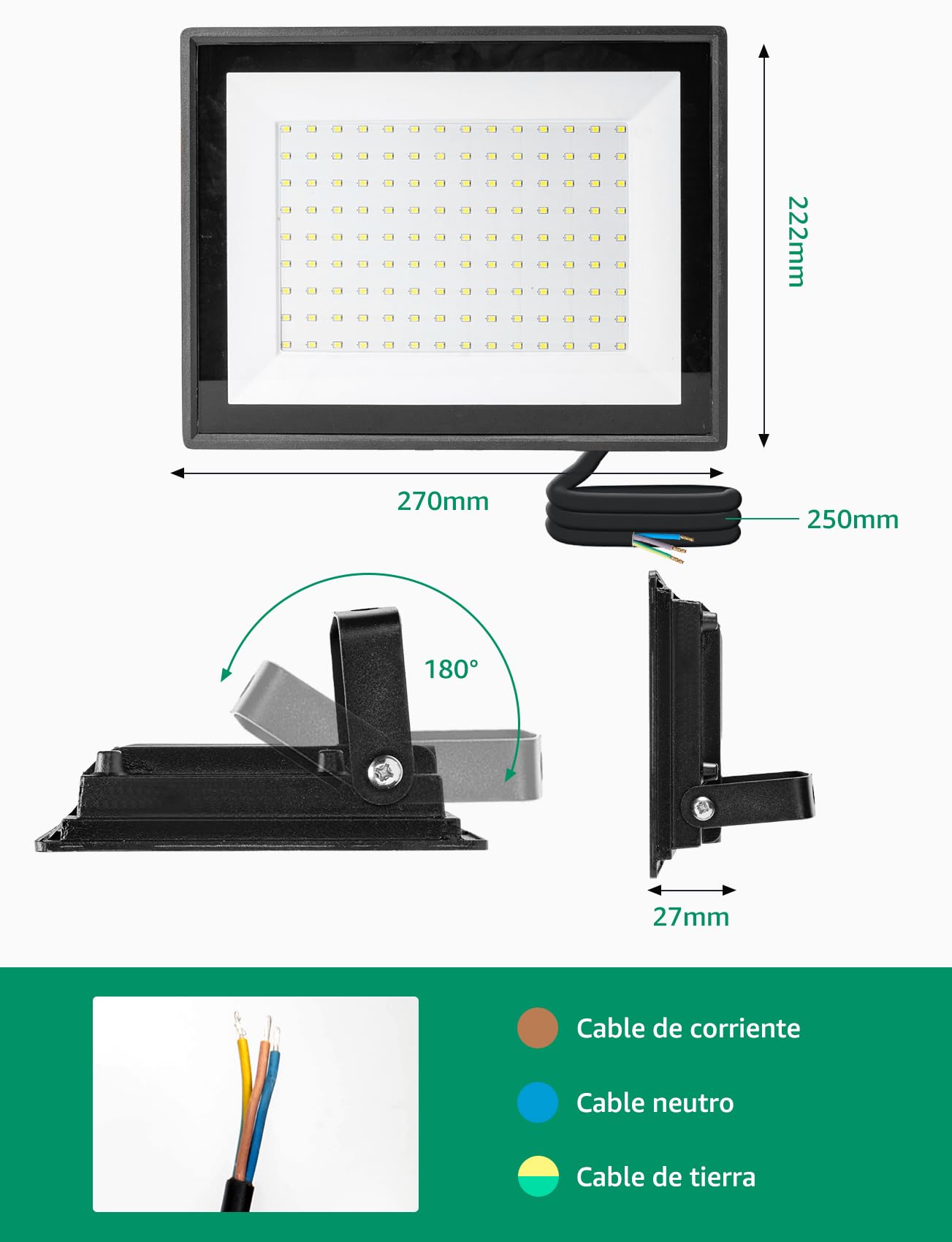 Aigostar Proyector LED exterior 100 W 8700 lm blanco frío 6500 K IP65 impermeable para jardín, patio, garaje